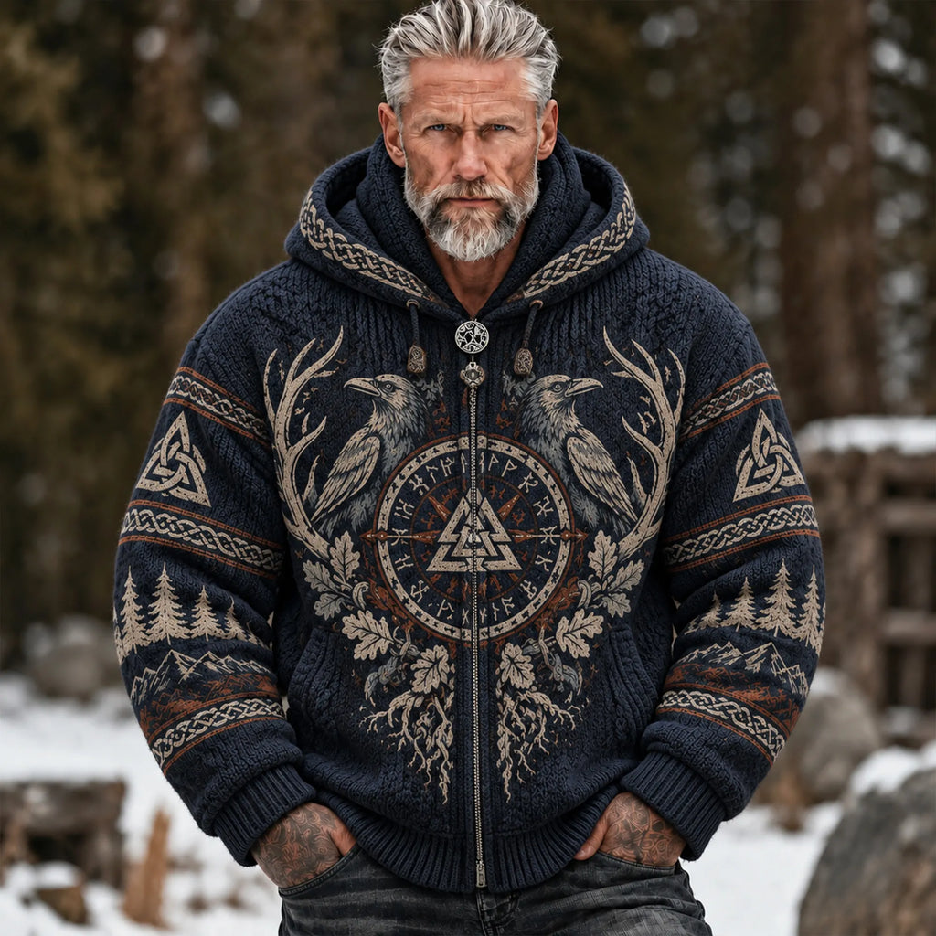 Men's Vintage Viking Norse Compass Raven Celtic Oak Leaf Mountain Graphic Winter Sweater