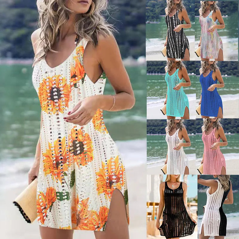 Women's American Flag Pattern Hollow Out Split Thigh 4th Of July Tank Dress Beach Cover-Up Dress