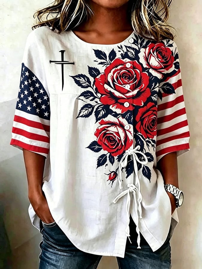 Women's Cotton-Linen Top With 250th Anniversary Botanical Floral Digital Print