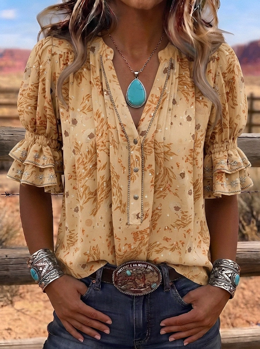 Women's Western Vintage Floral Ruffle Sleeve Printed Top