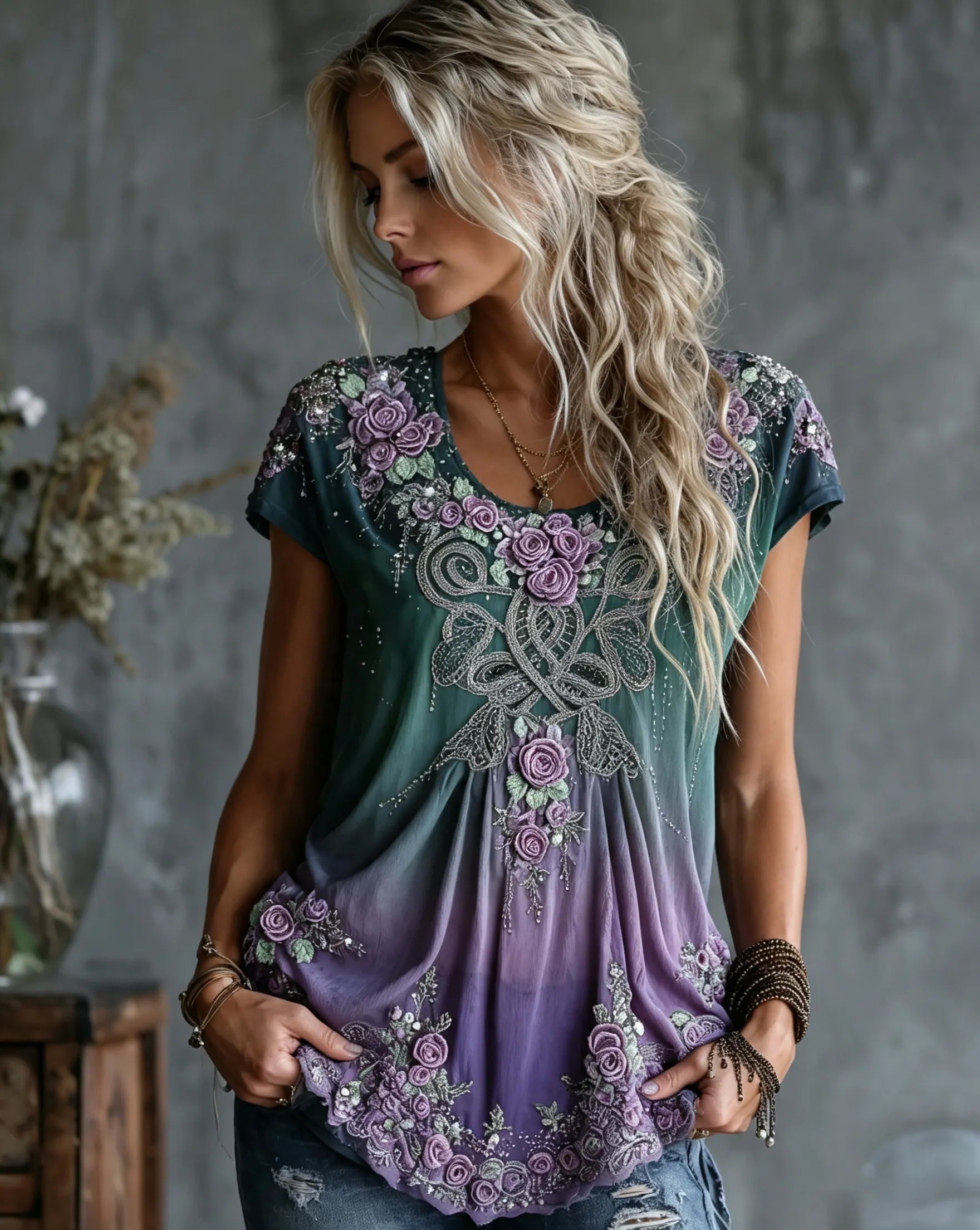 Women's Vintage Celtic Knot Floral Gradient Art Embroidery Cotton Linen Short Sleeve Top