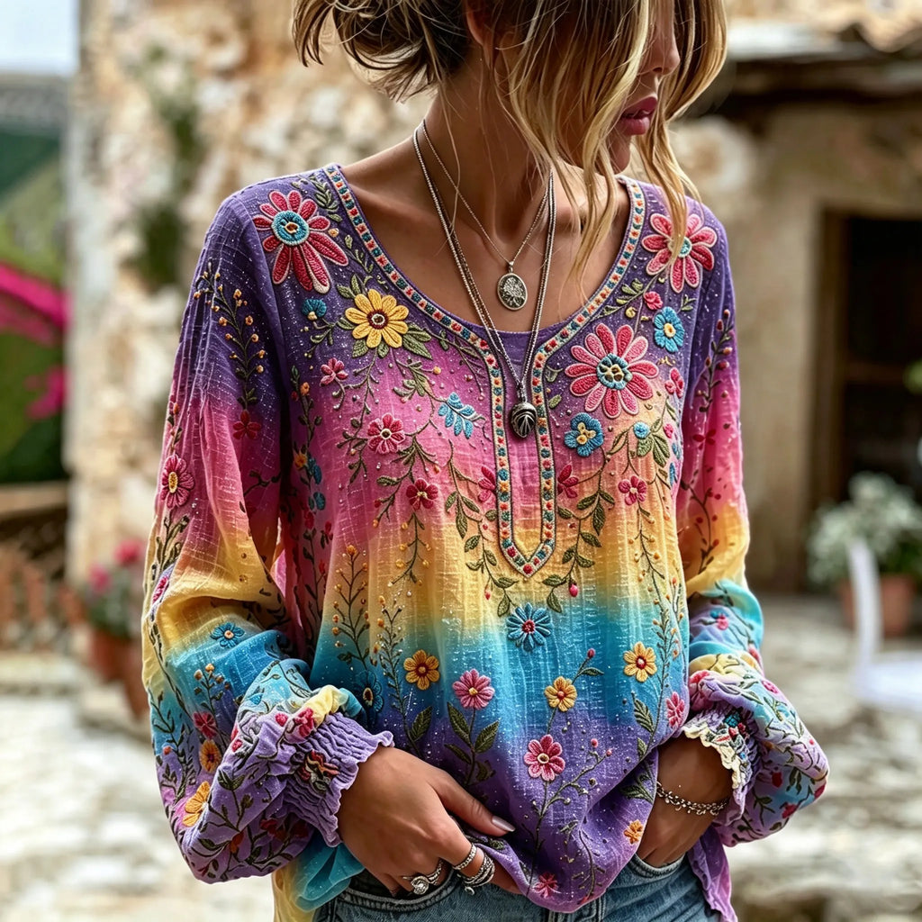Women's Vintage Floral In Hippie Vibe Art Print Flowy Linen Blend Linen Blend Long Sleeve Casual Tops