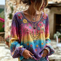 Women's Vintage Floral In Hippie Vibe Art Print Flowy Linen Blend Linen Blend Long Sleeve Casual Tops