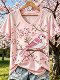 Women's Casual Breast Cancer Flowers and Birds Print Short-Sleeve T-Shirt