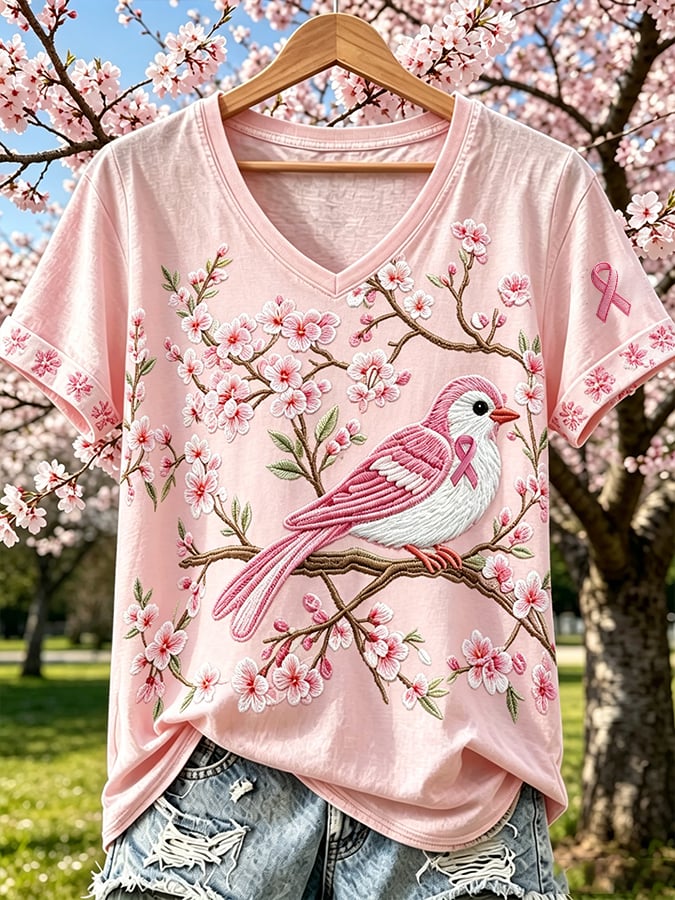 Women's Casual Breast Cancer Flowers and Birds Print Short-Sleeve T-Shirt