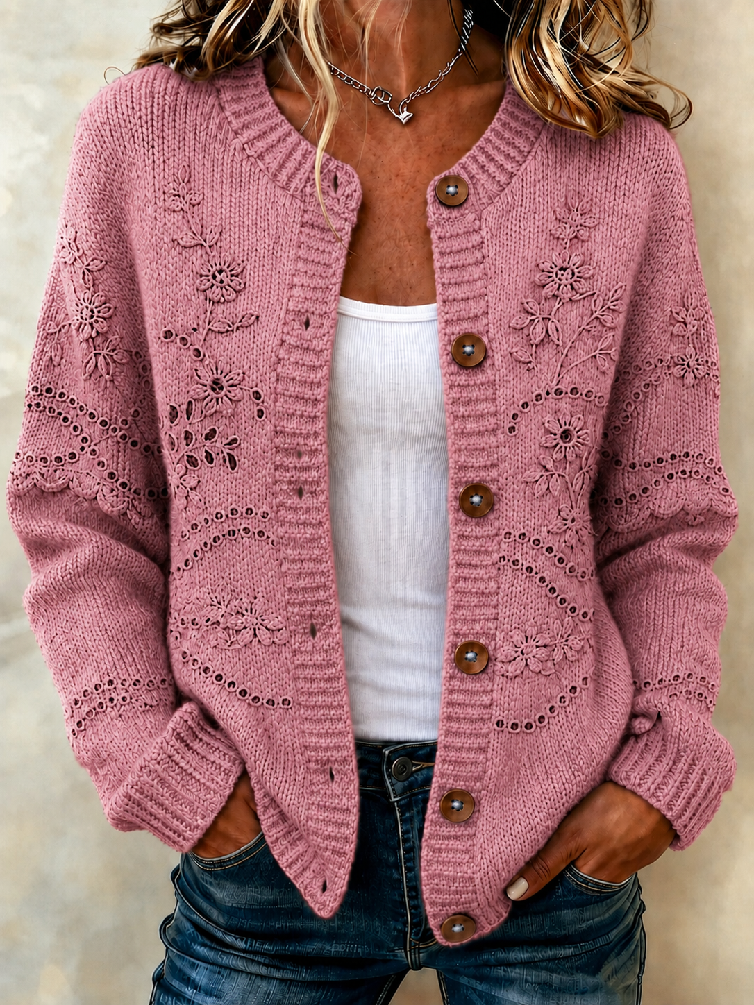 Women'S Casual Breast Cancer Propaganda Art Knitting Cardigan Top