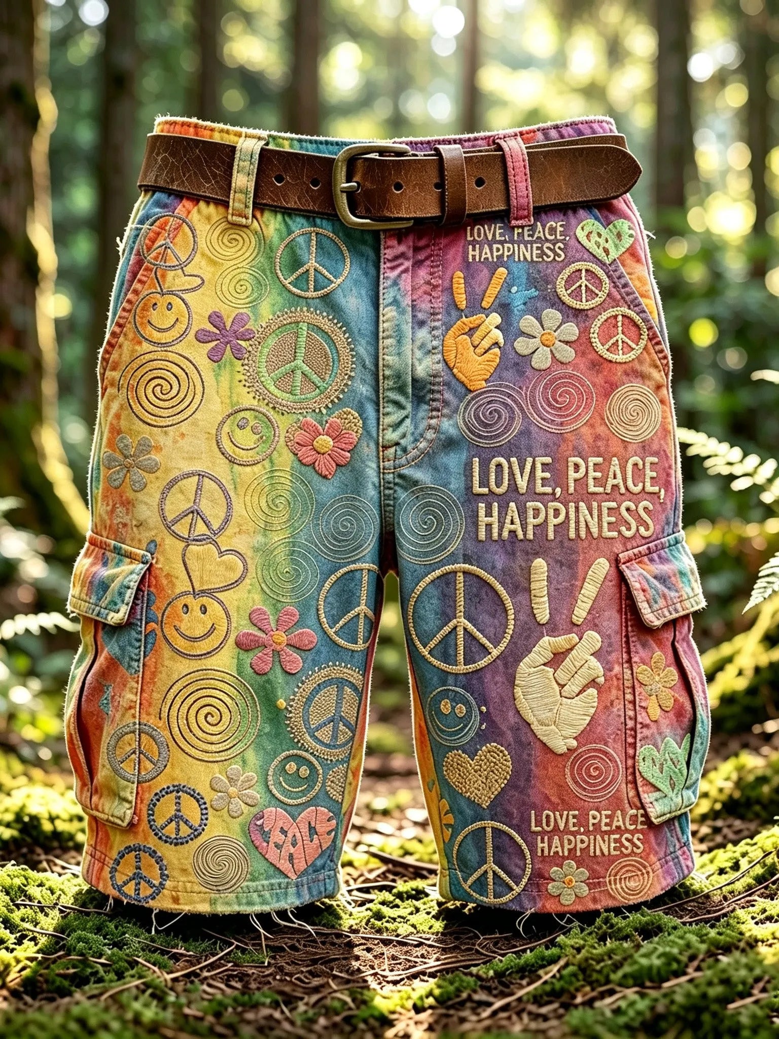 Men's Retro Hippie Style Embroidered Print Cargo Pants