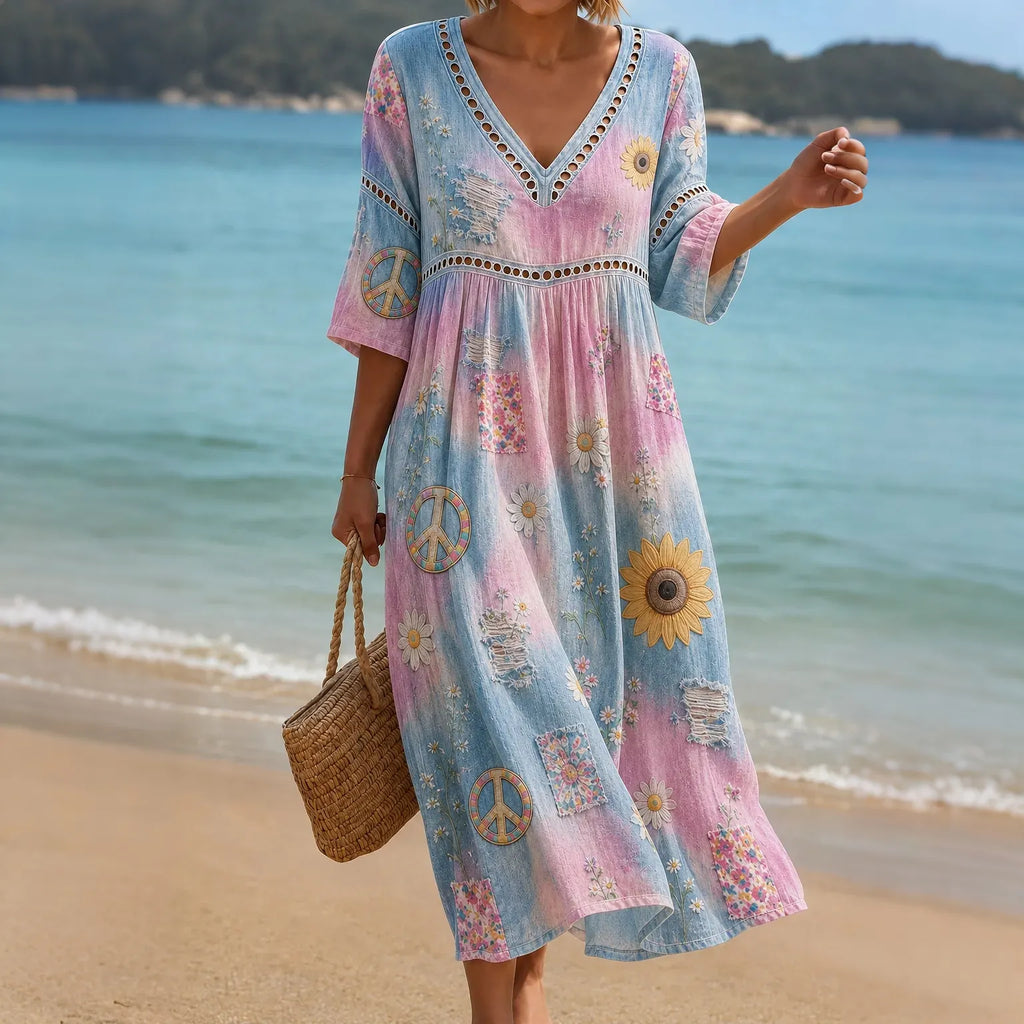 Women's Vintage Hippie Floral Pattern Linen Blend V Neck Midi Dress
