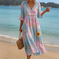 Women's Vintage Hippie Floral Pattern Linen Blend V Neck Midi Dress