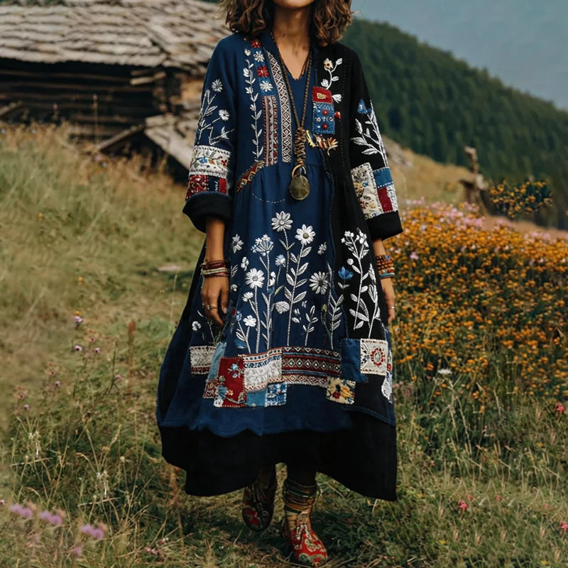 Women's Bohemian Retro Ethnic Floral Color-blocked Art Print Flowy Linen Blend Long-sleeve Casual Dress