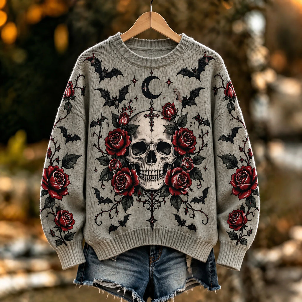 "vintage Gothic Halloween Skull Red Rose Bat Moon Knit Sweater  "