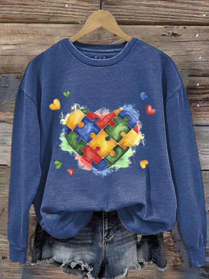 Retro Autism Awareness Love Heart Puzzle Print Sweatshirt