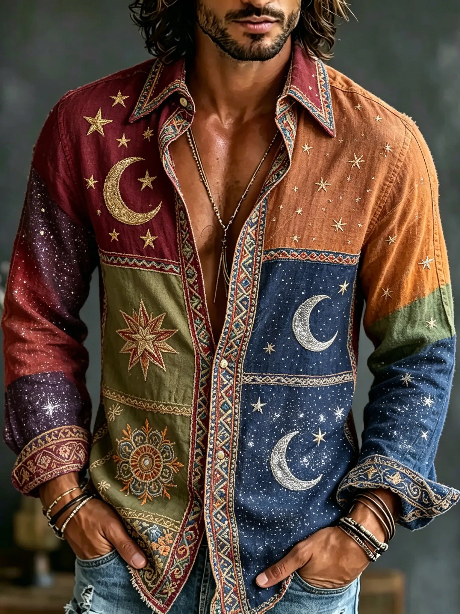 Men's Retro Hippie Moon And Star Print Color-blocked Cotton Linen Casual Long-sleeved Shirt