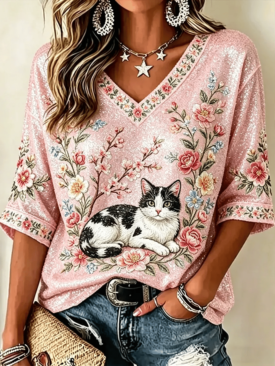 Women's Retro Pink Floral And Cat Print Top