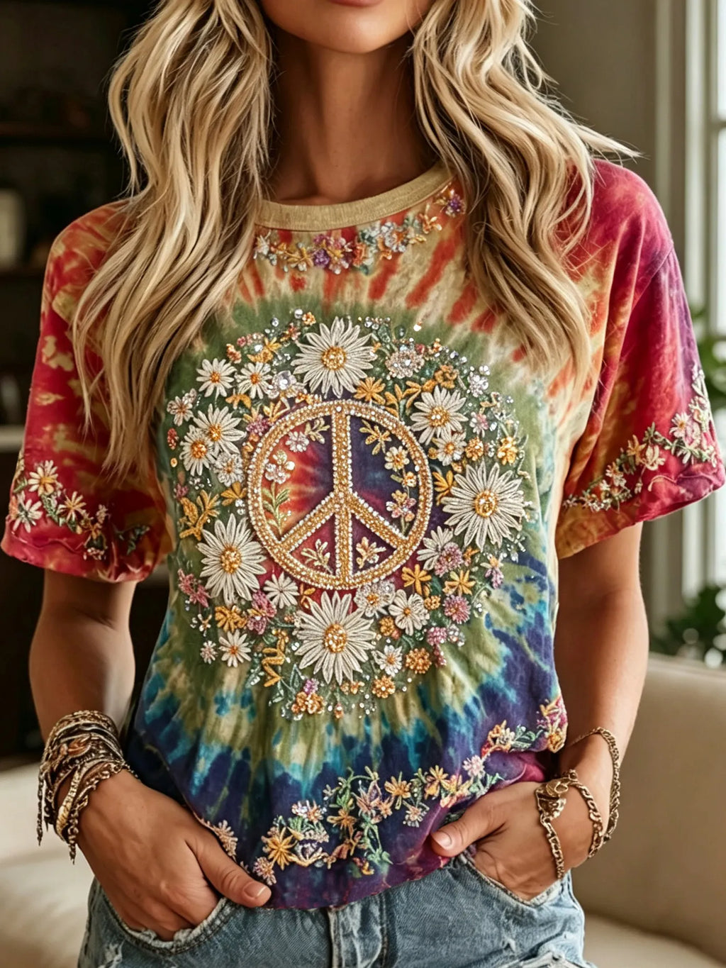 Women's Retro Tie-dye Peace Symbol Floral Embroidery Casual T-shirt