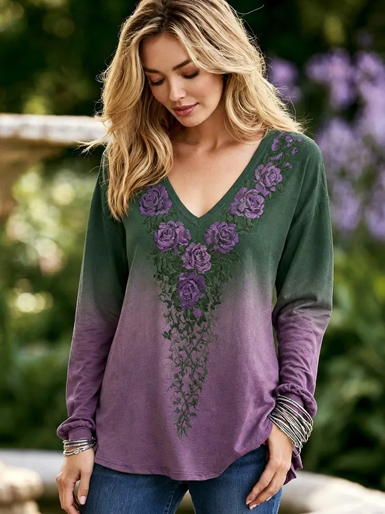 Women's Retro Purple Rose And Celtic Knot Pattern Casual Long-sleeve T-shirt