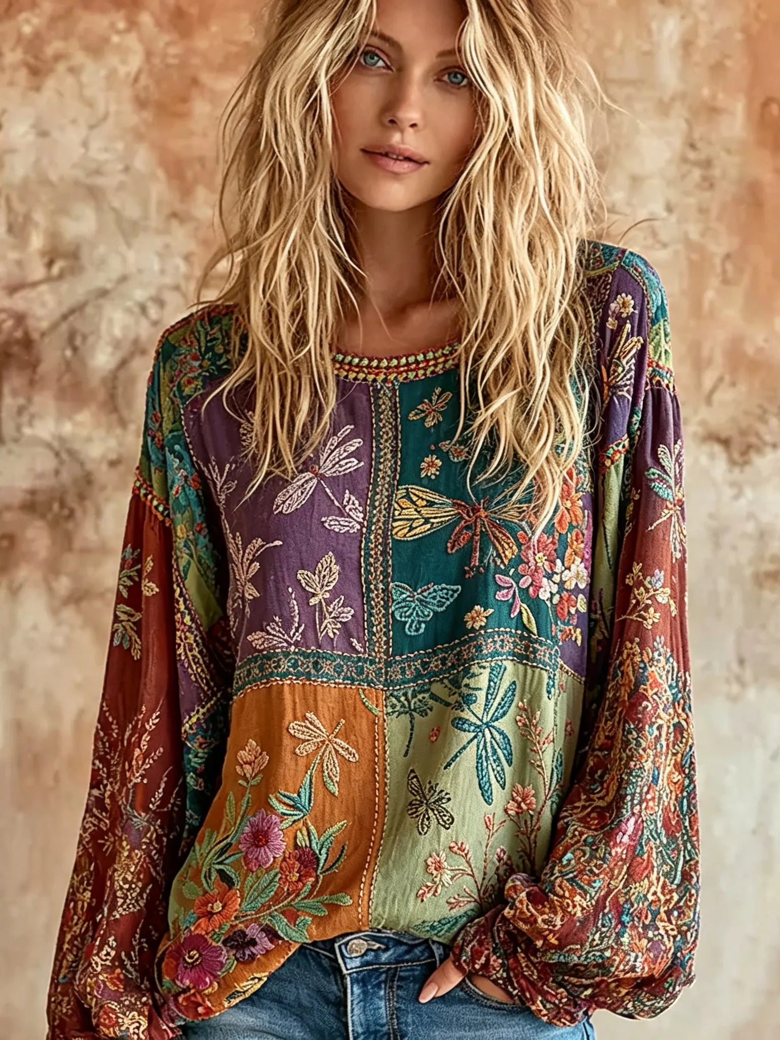 Women's Retro Floral And Dragonfly Art Pattern Linen Long-sleeve T-shirt