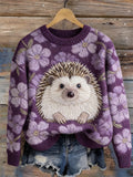 Lovely Hedgehog & Flowers Cozy Knit Sweater