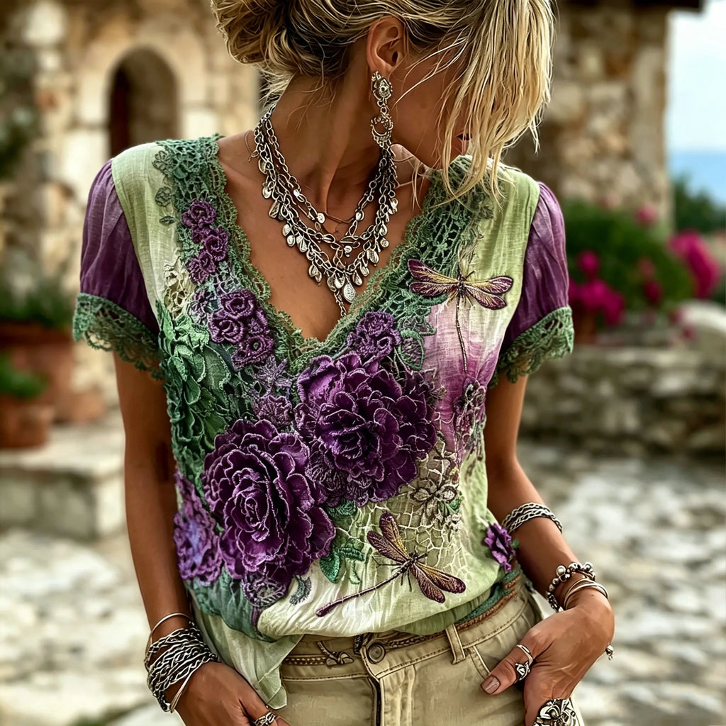 Women's Retro Bohemian Style Floral And Dragonfly Print Top