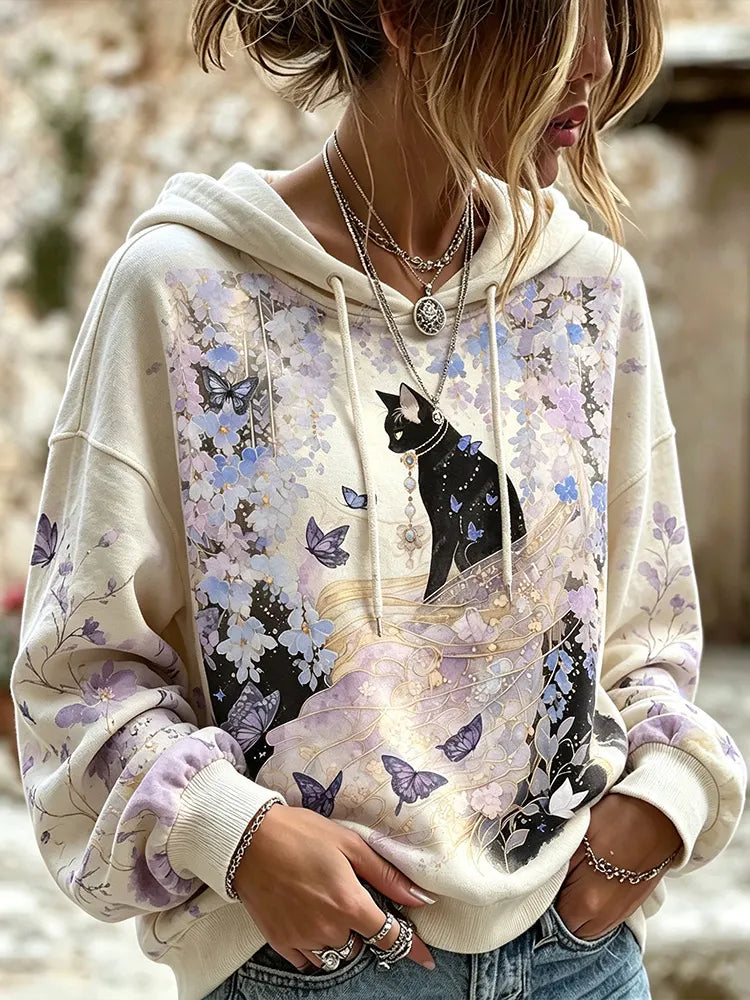 Women's Mysterious Black Cat Purple Floral Butterfly Print Bohemian Style Loose Casual Pullover Sweatshirt