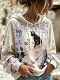 Women's Mysterious Black Cat Purple Floral Butterfly Print Bohemian Style Loose Casual Pullover Sweatshirt