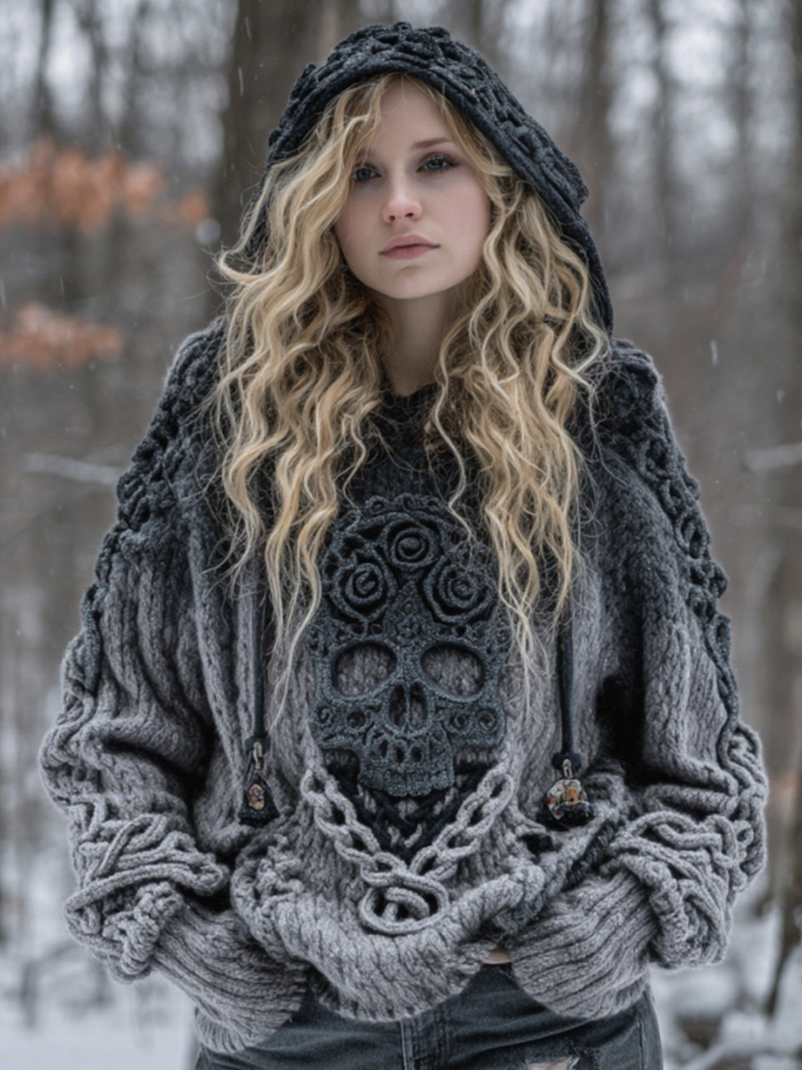 Women's Vintage Viking Tribal Celtic Skull Gradient Art Chunky Knit Hooded Sweater