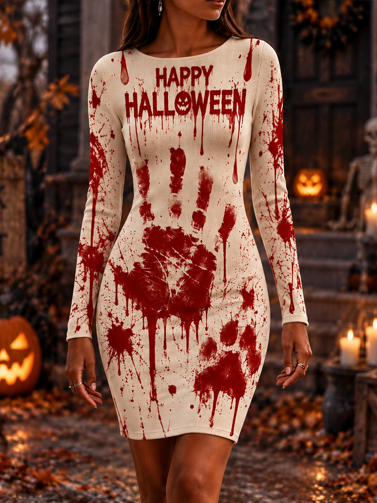 Women's Halloween Blood Handprint & "happy Halloween" Long Sleeve Bodycon Dress