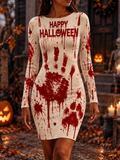 Women's Halloween Blood Handprint & "happy Halloween" Long Sleeve Bodycon Dress