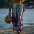 Women's Vintage Boho Floral Gradient Art Print Flowy Linen Blend Casual Pants