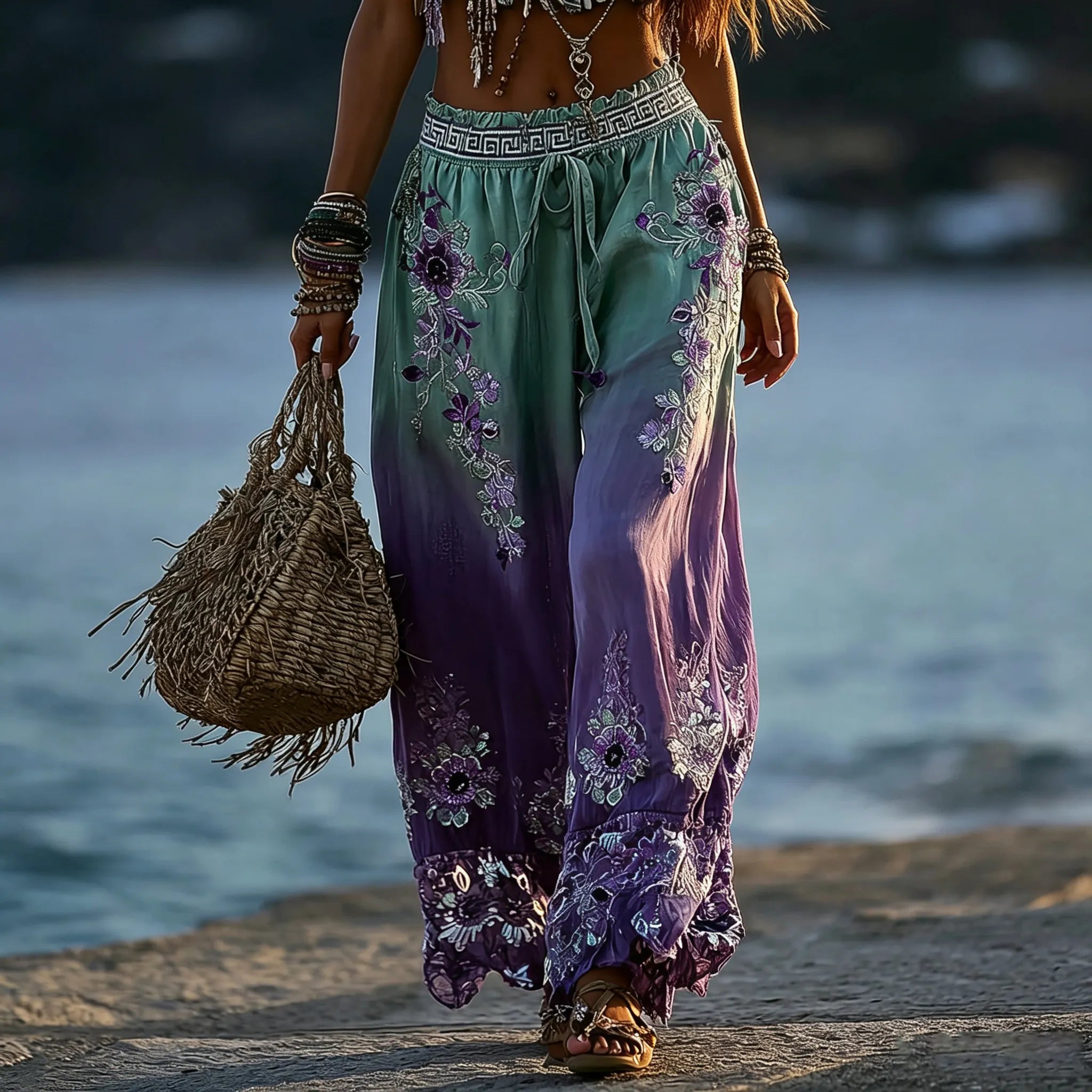 Women's Vintage Boho Floral Gradient Art Print Flowy Linen Blend Casual Pants