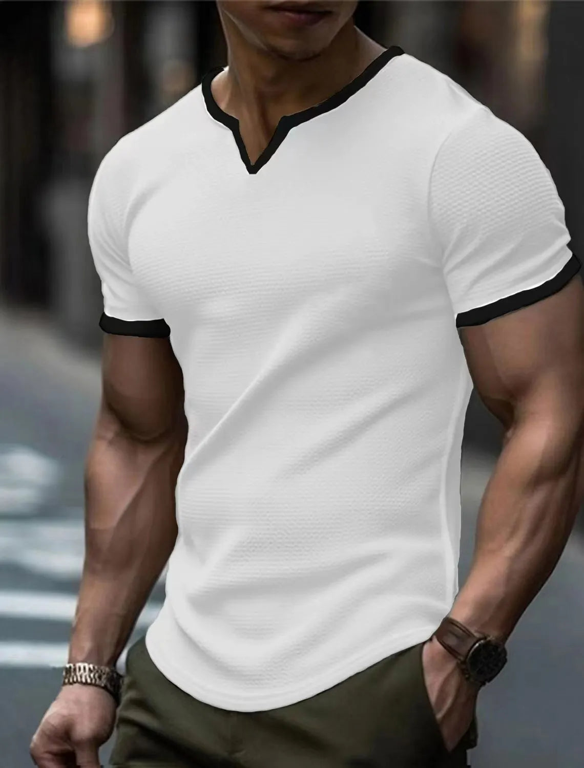 Men's V-Neck Color-Block Short-Sleeve Outdoor Sports T-Shirt