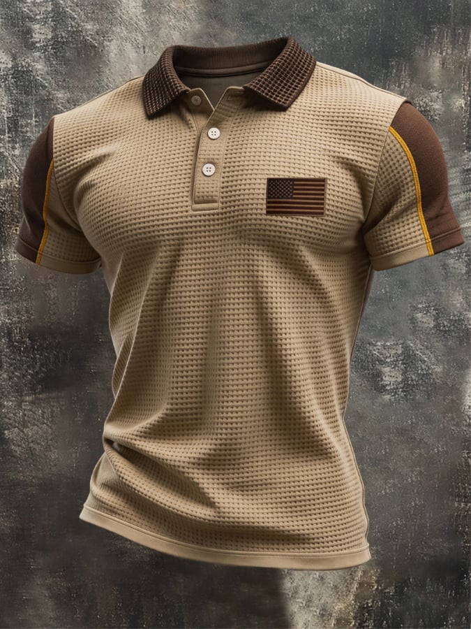 Men's Retro Waffle-Knit Patriotic Color-Block Short-Sleeve Polo Shirt