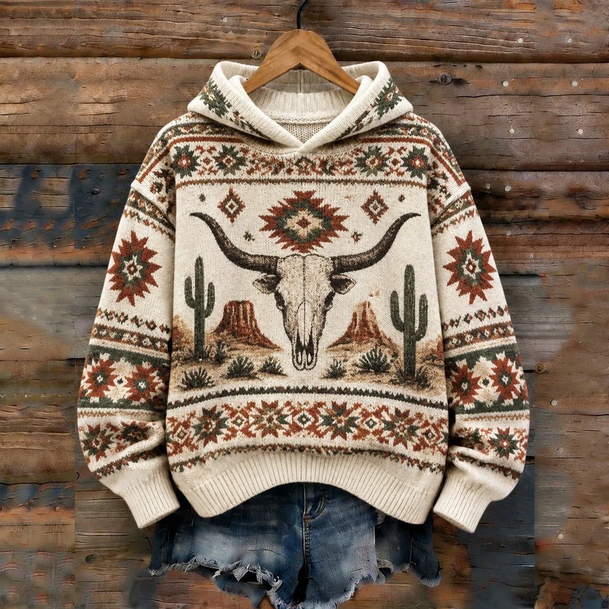 Women's Western Longhorn Skull Cactus Knit Sweater