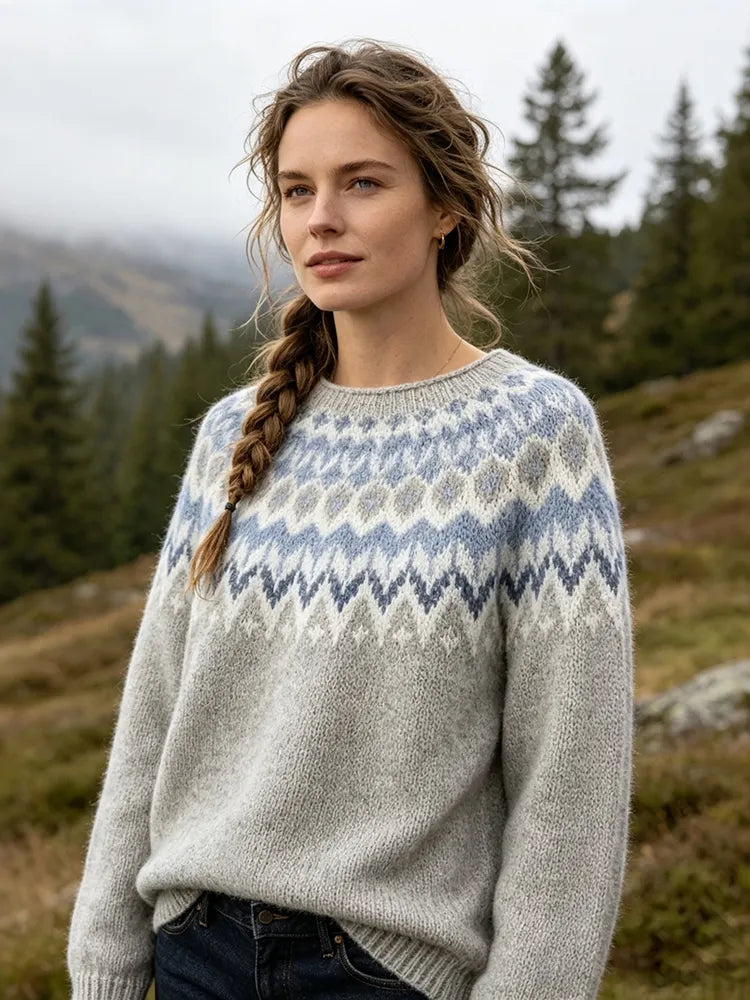 Women's Vintage Forest Motif Print Knitted Comfort Round Neck Sweater
