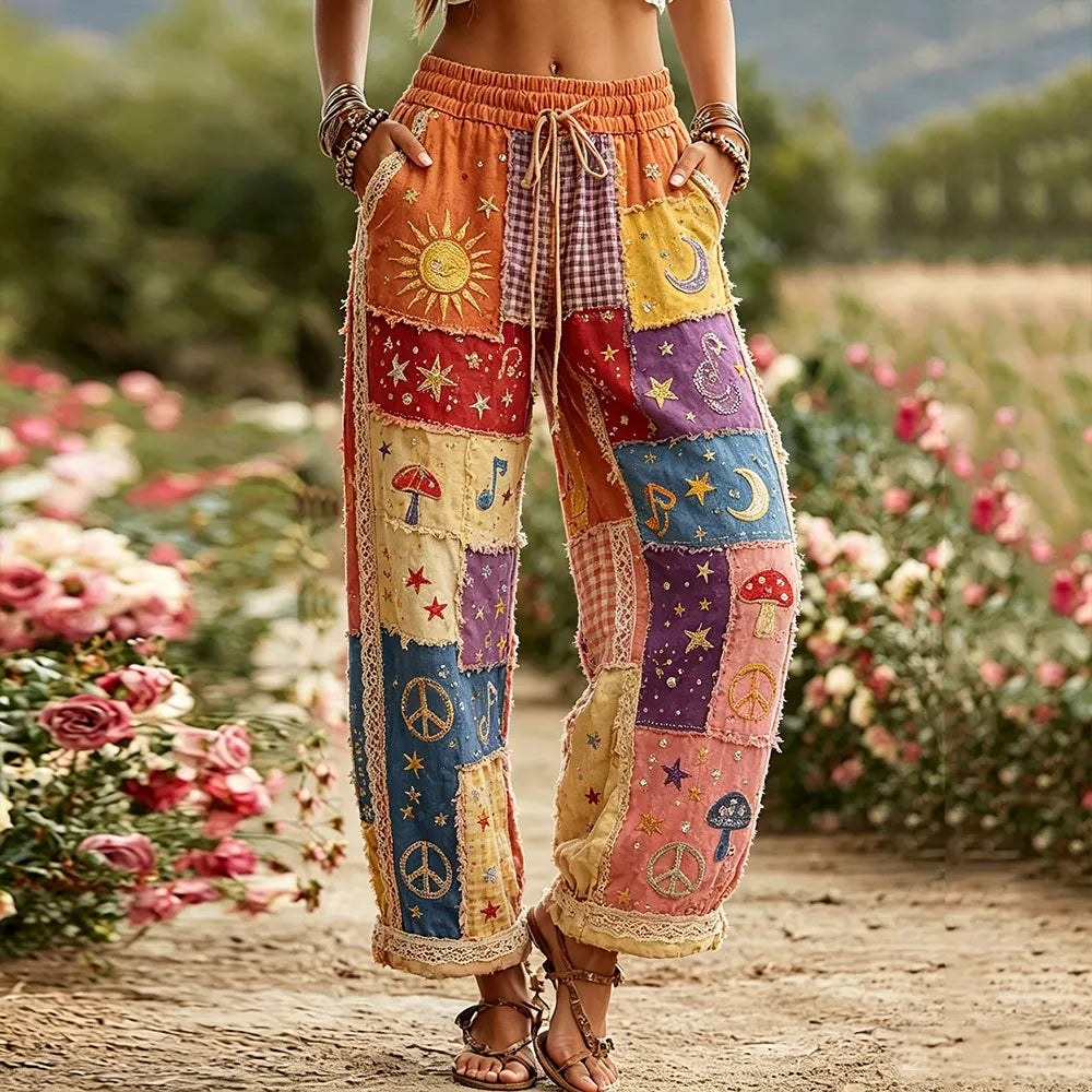 Women's Hippie Sun Moon Stars And Peace Symbol Embroidered Patchwork Cotton Linen Casual Pants