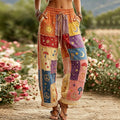 Women's Hippie Sun Moon Stars And Peace Symbol Embroidered Patchwork Cotton Linen Casual Pants