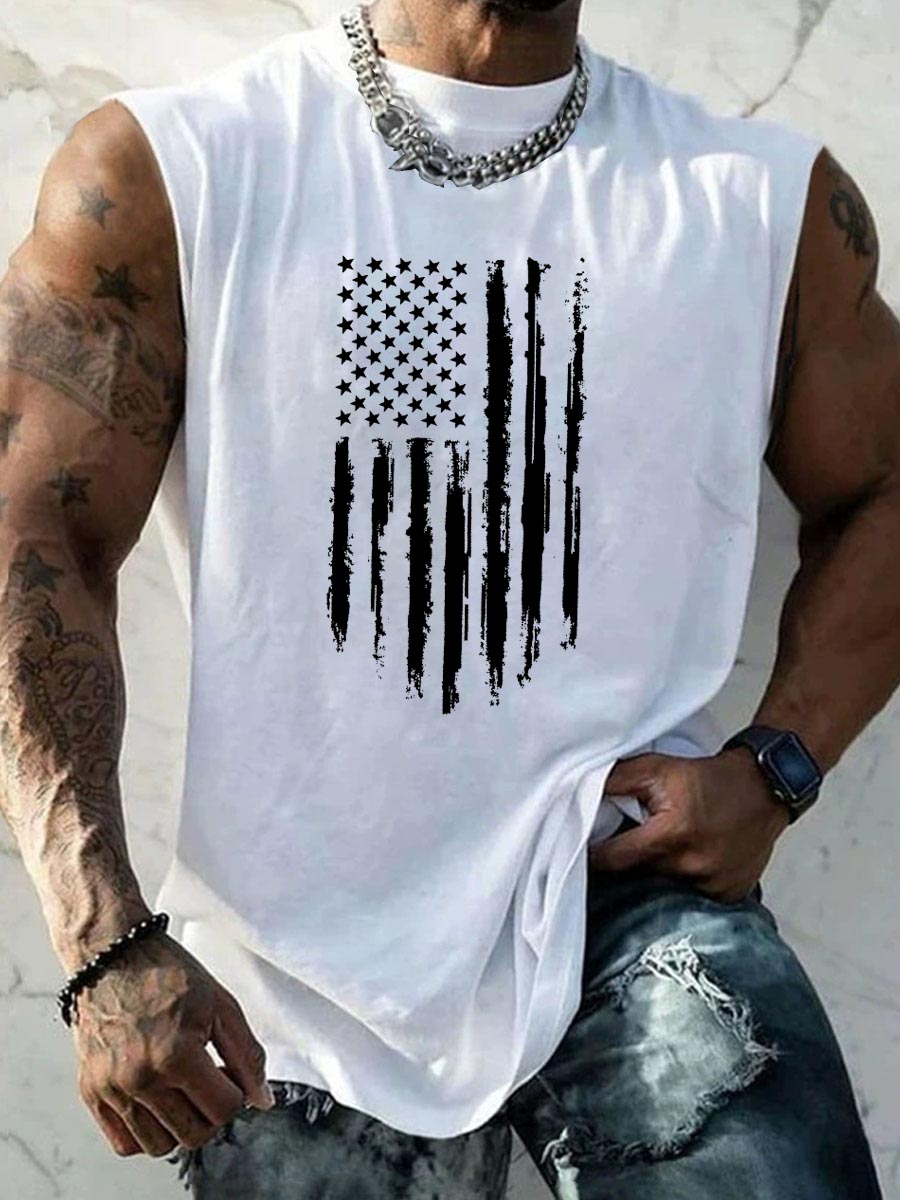 America Flag Pattern Round Neck 100% Cotton Tank Top