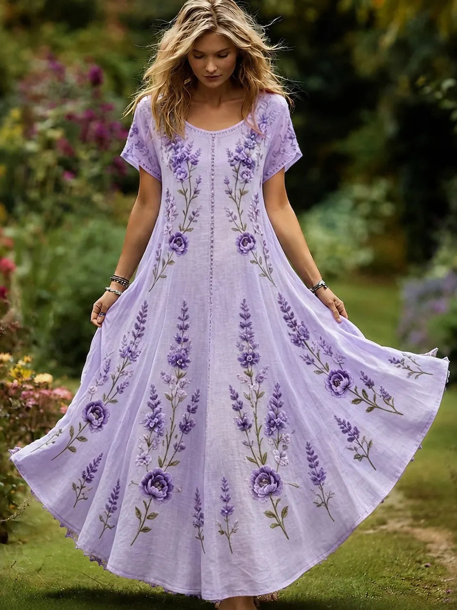 Women's Vintage Floral Embroidery Art Crew Neck Short Sleeve Maxi Dress