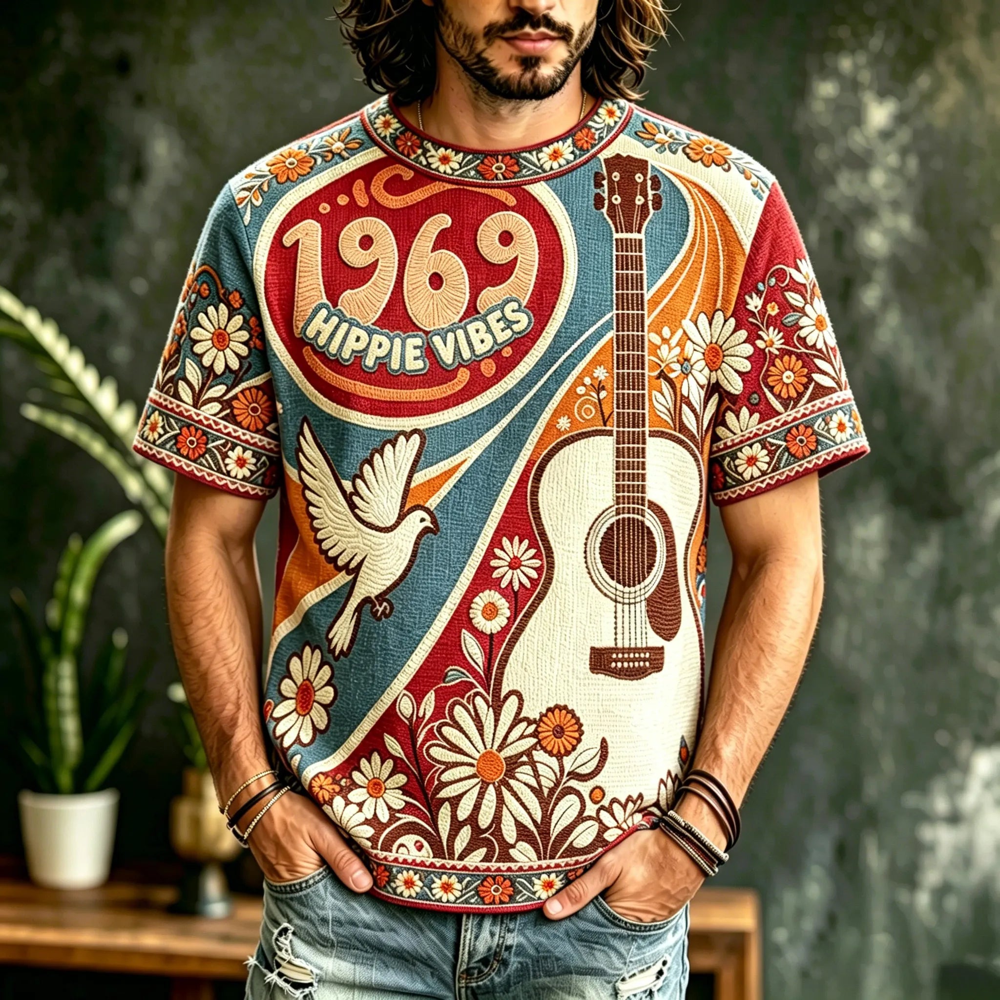 Men's Casual Color Block Music Cat Retro Hippie Crew Neck T-shirt