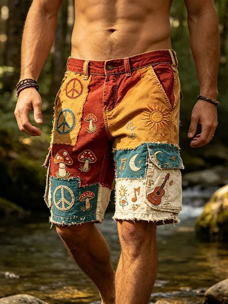 Men's Color-blocked Retro Outdoor Casual Hippie Print Shorts