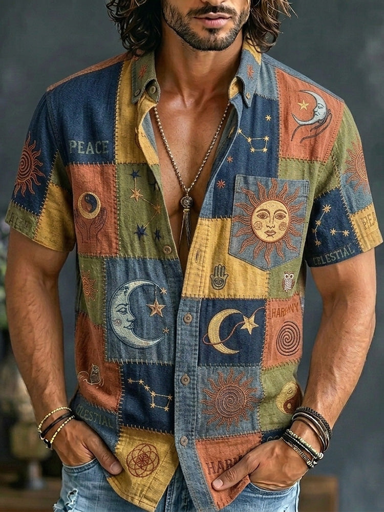 Men's Hippie Sun Moon Geometric Patchwork Print Short Sleeve Shirt