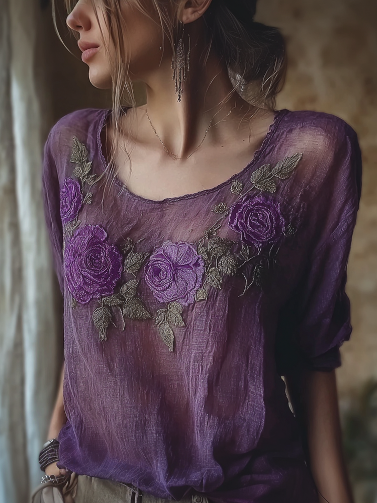 Bohemian Style Purple Rose Embroidery Pattern Linen T-shirt