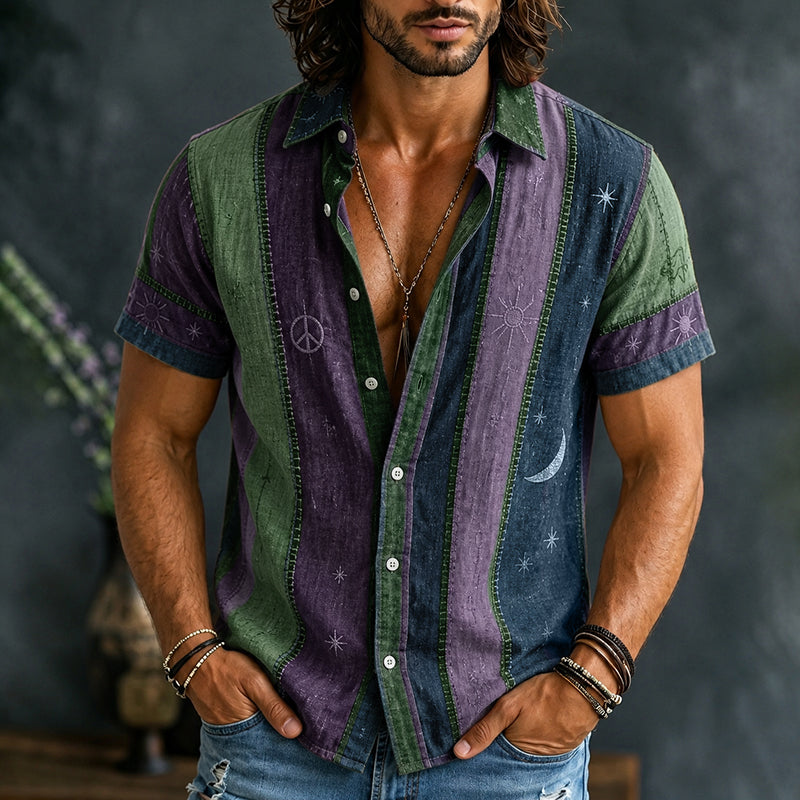 Men's Vintage Patchwork Peace Sign Sun Moon Star Art Print Shirt