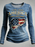 Women'S Casual Long-Sleeved T-Shirt With American 250th Anniversary Commemorative Print