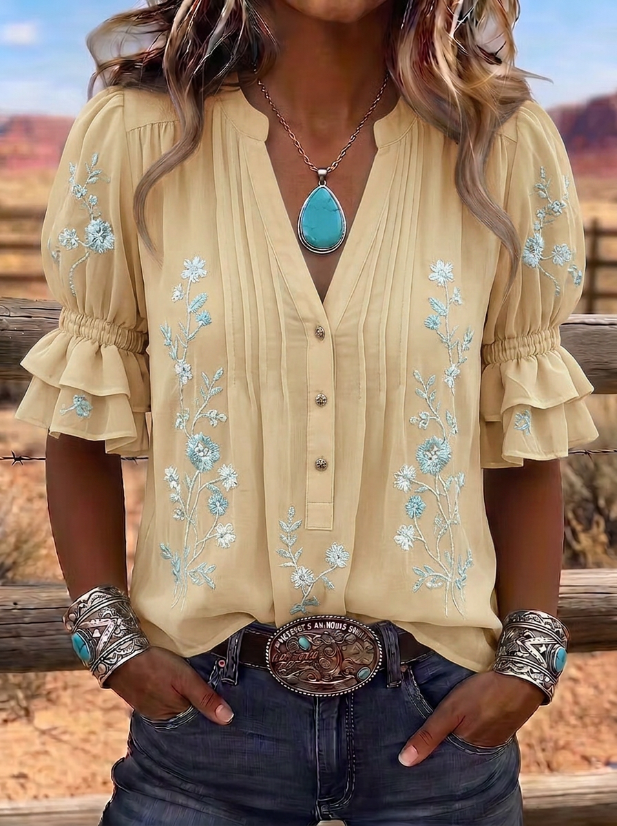 Women's Western Vintage Floral Embroidered Ruffle Sleeve Top