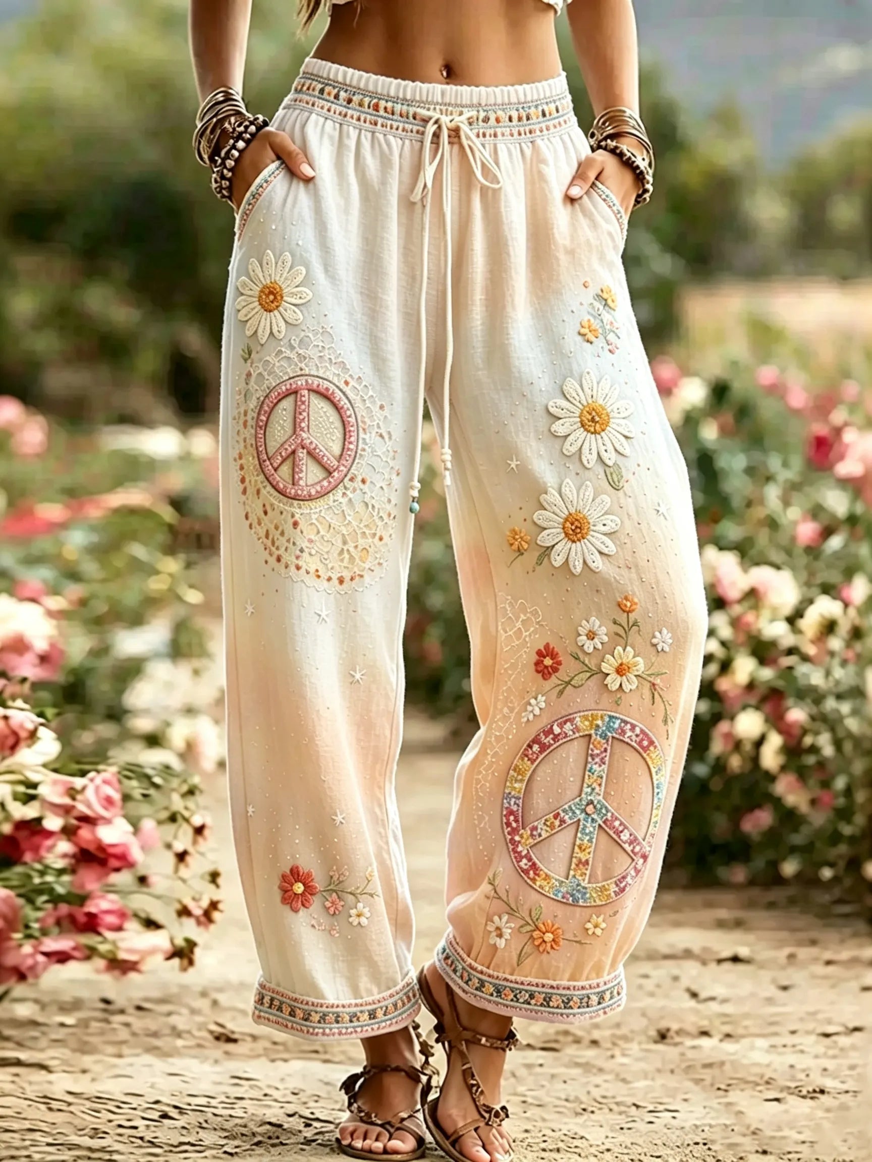 Women's Hippie Vintage Hippie Floral Art Cotton Linen Casual Pants