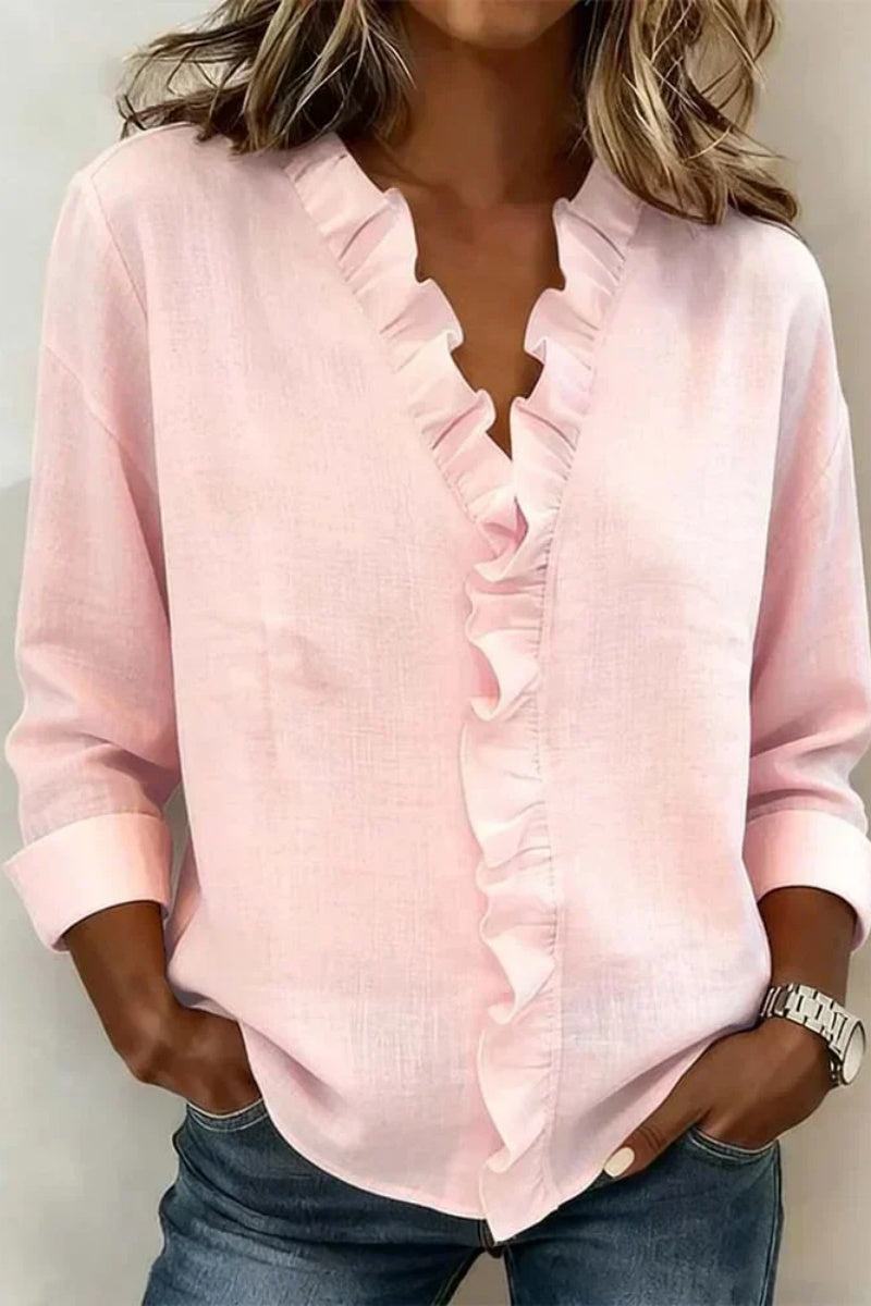 Ruffled V-Neck Long-Sleeved Cotton Shirt