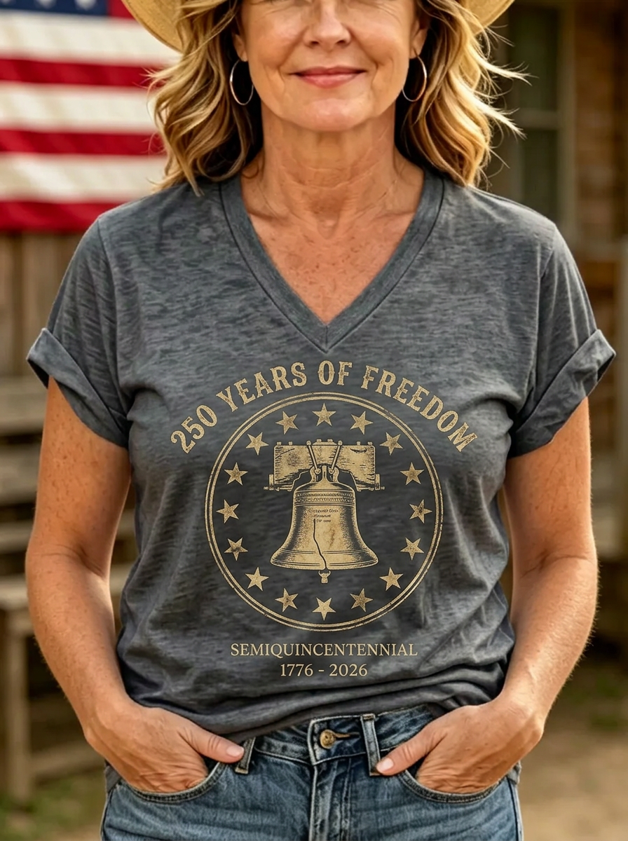Women's Patriotic Western Liberty Bell 250 Years Printed T-shirt
