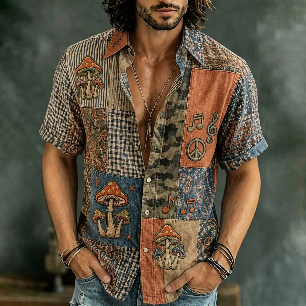 Men's Vintage Hippie Patchwork Art Lapel Short Sleeve Shirt