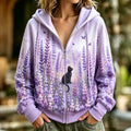 Women's Retro Purple Floral And Cute Cat Pattern Art Casual Zip Up Hoodie
